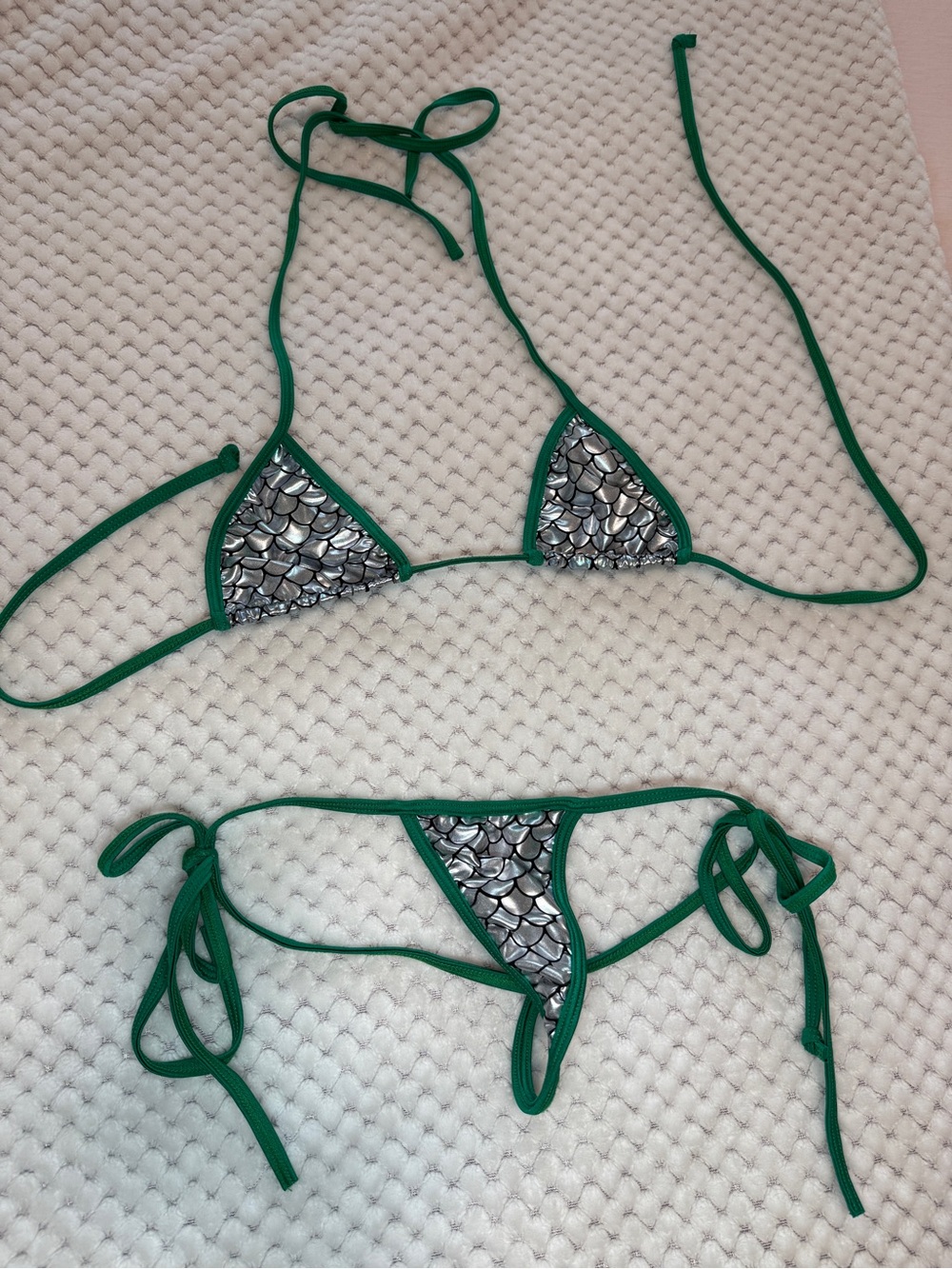 Green String Bikini with Silver Scale Detail - Women Swim